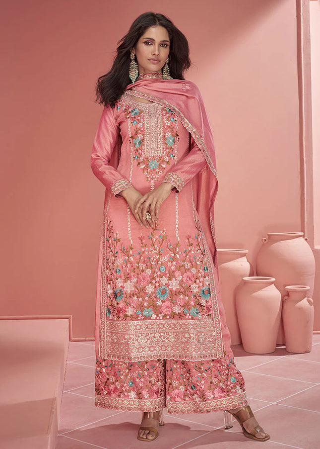 Light Pink Floral Embroidered Palazzo Suit