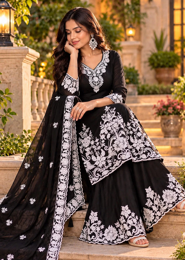 Black Embroidered Plazzo Suit