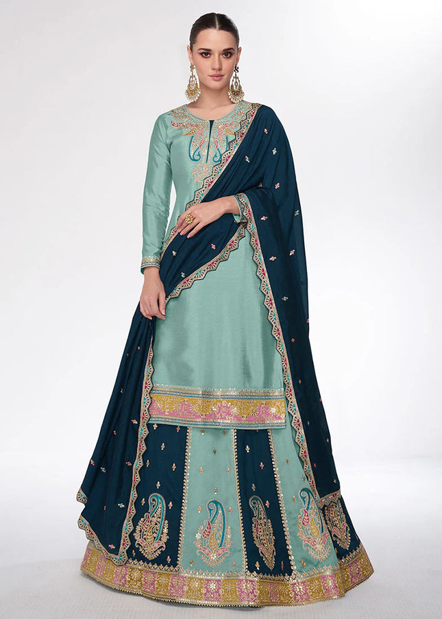 Turquoise Multicolor Embroidered Lehenga Suit