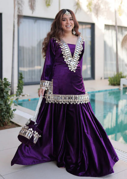 Velvet Embroidered Sharara Suit