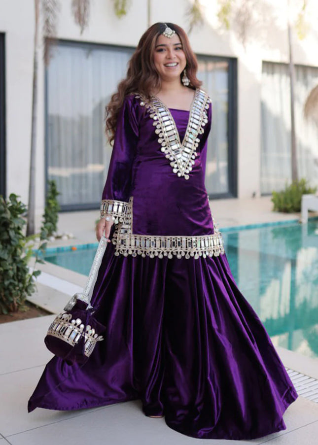 Velvet Embroidered Sharara Suit