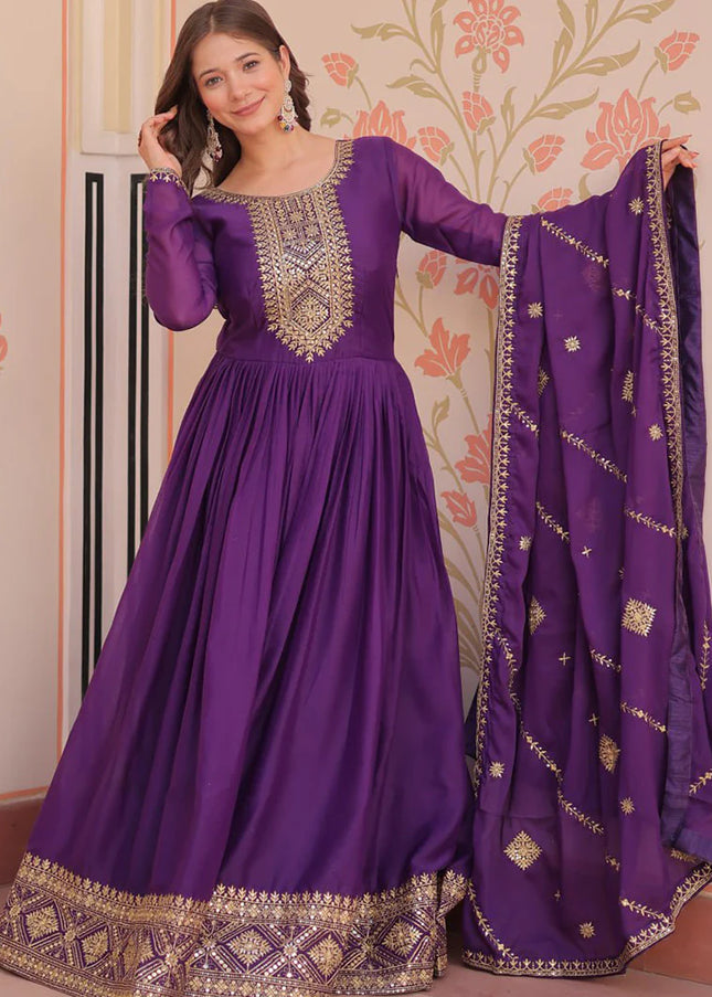 Purple Embroidered Anarkali Gown
