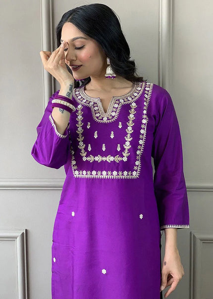 Purple Embroidered Pant Style Suit