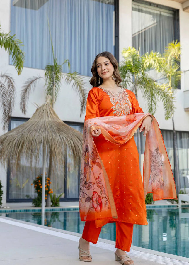 Orange Embroidered Pant Style Suit