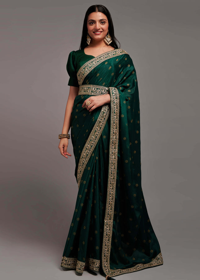 Bottle Green Embroidered Chinnon Saree