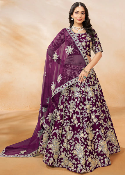 Wine Embroidered Lehenga Choli