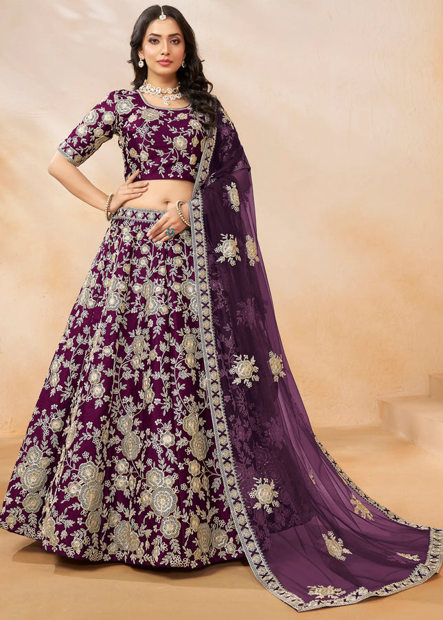 Wine Embroidered Lehenga Choli