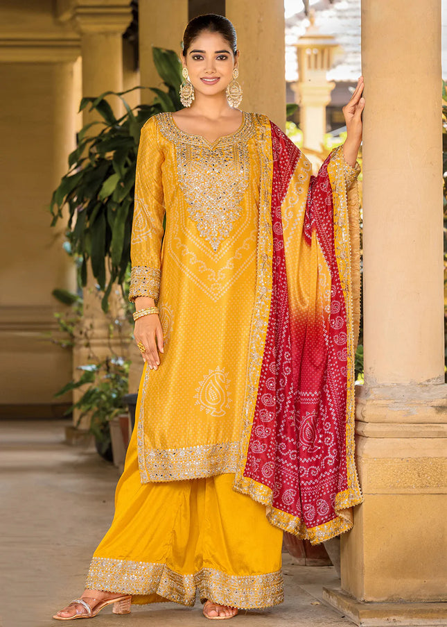 Mustard Embroidered Palazzo Suit