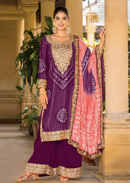 Purple Embroidered Palazzo Suit