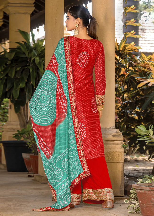 Red Embroidered Palazzo Suit