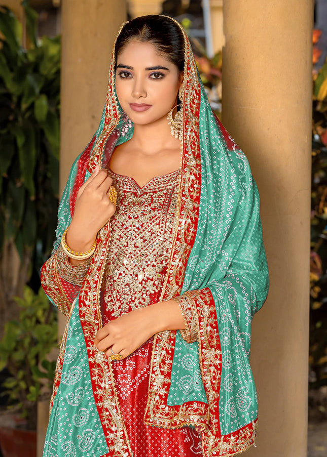 Red Embroidered Palazzo Suit