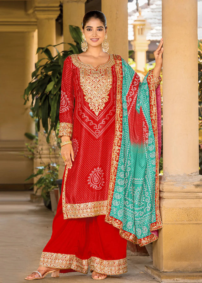 Red Embroidered Palazzo Suit