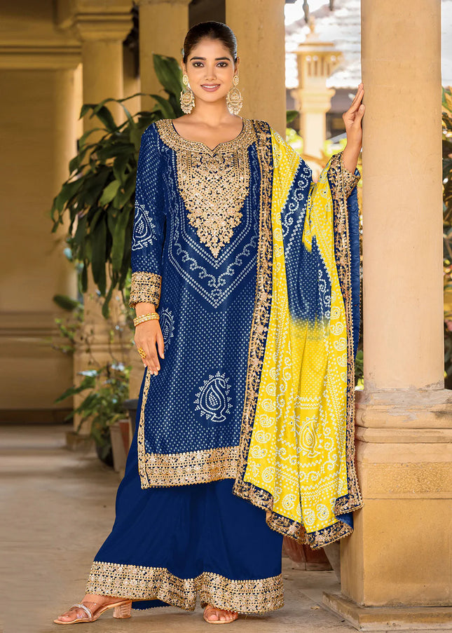 Blue Embroidered Palazzo Suit