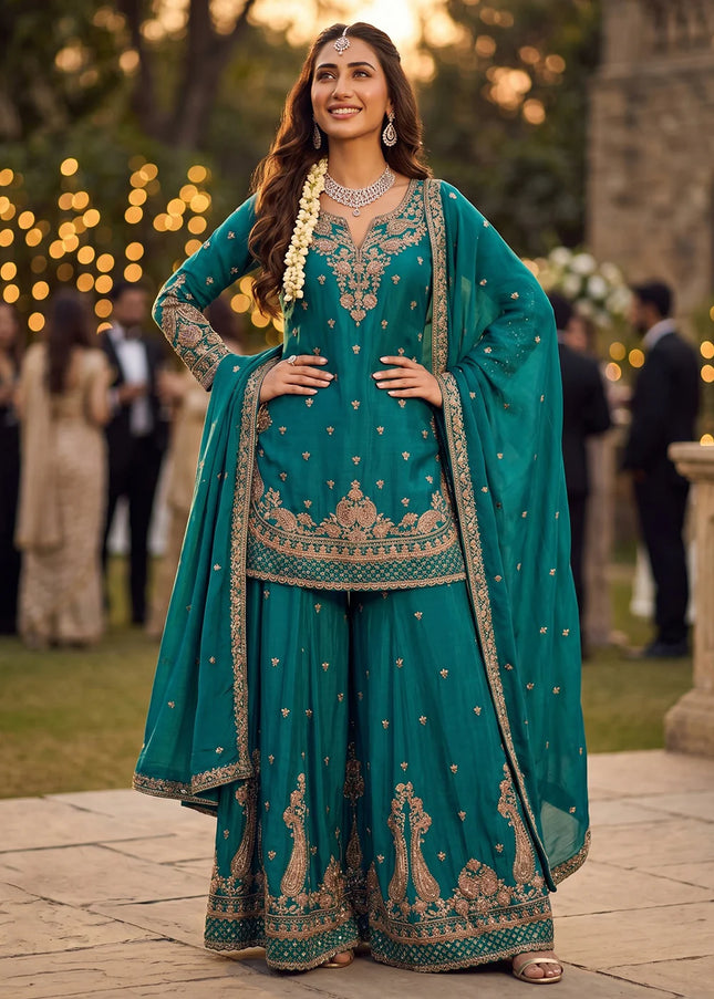 Teal Embroidered Sharara Suit