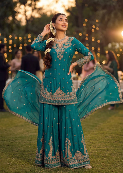 Teal Embroidered Sharara Suit