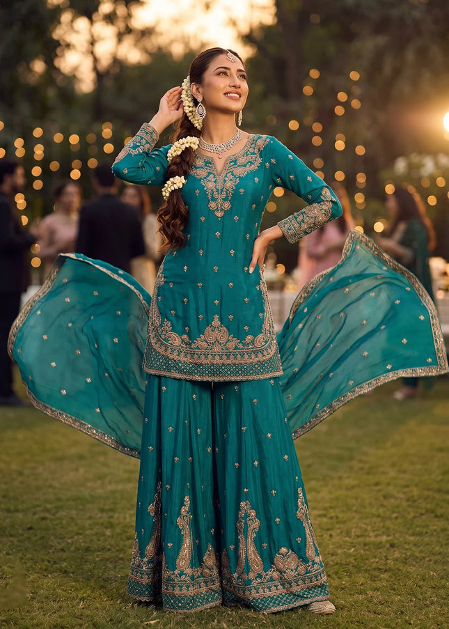 Teal Embroidered Sharara Suit