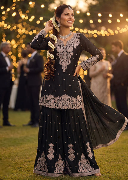 Black Embroidered Sharara Suit
