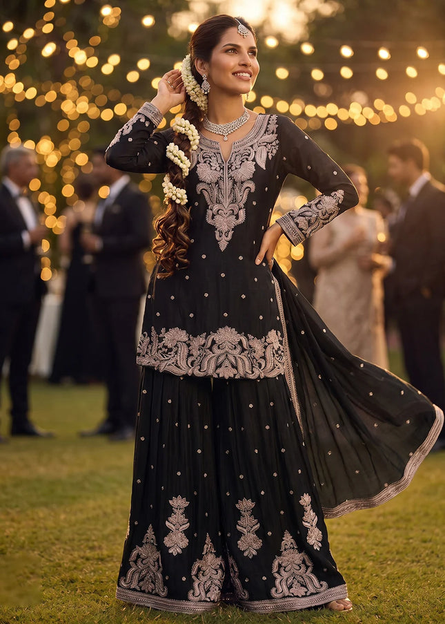 Black Embroidered Sharara Suit