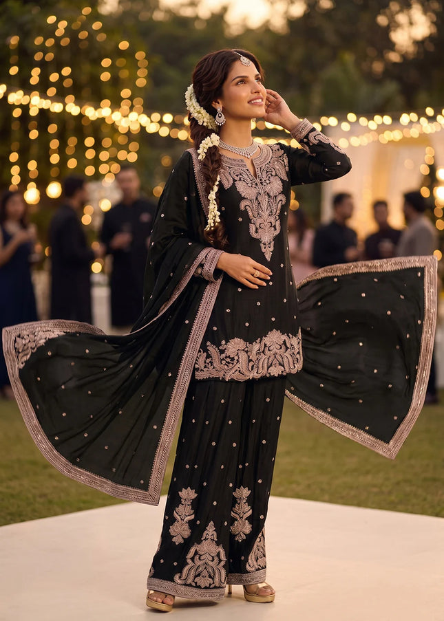 Black Embroidered Sharara Suit