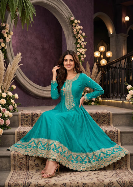 Teal Embroidered Pant Style Suit
