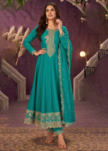 Teal Embroidered Pant Style Suit