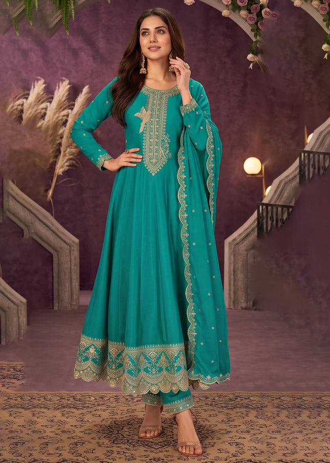 Teal Embroidered Pant Style Suit