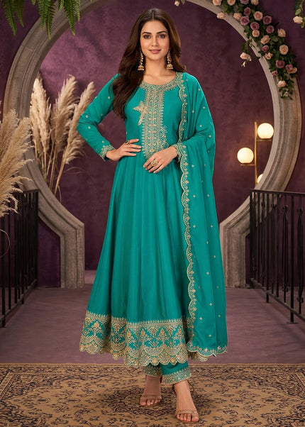 Teal Embroidered Pant Style Suit