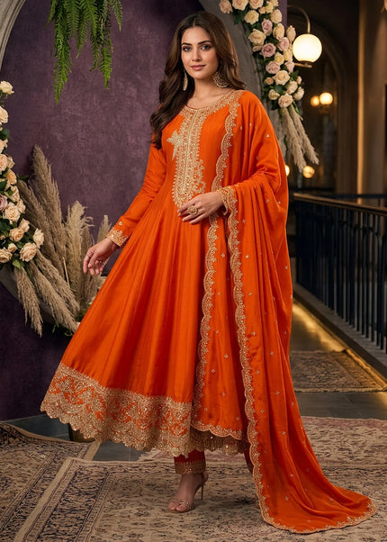 Orange Embroidered Pant Style Suit