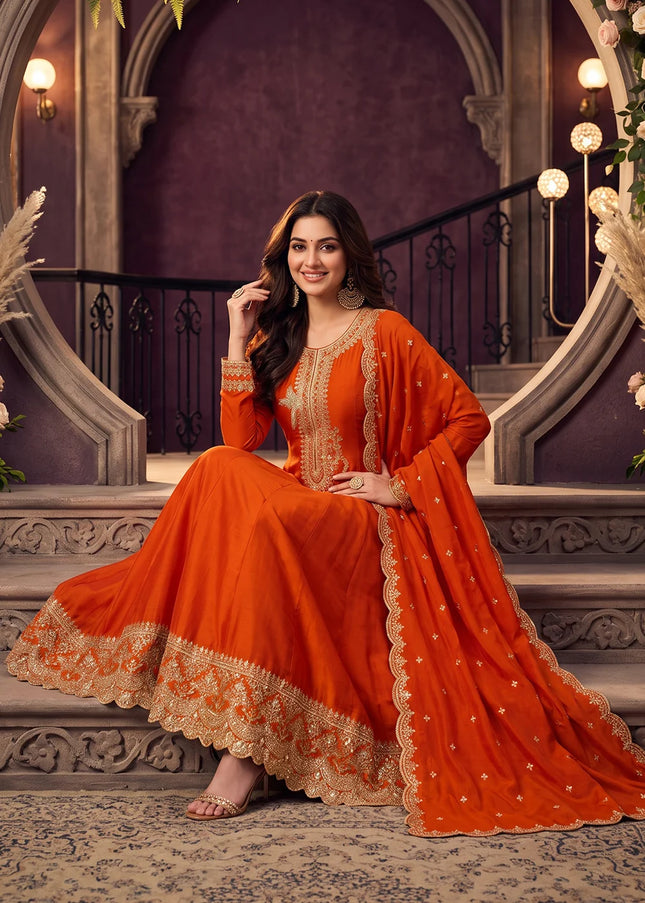 Orange Embroidered Pant Style Suit