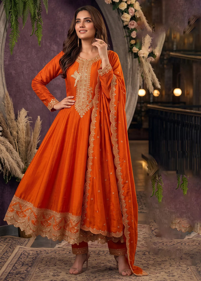 Orange Embroidered Pant Style Suit