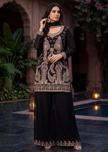 Black Embroidered Palazzo Suit