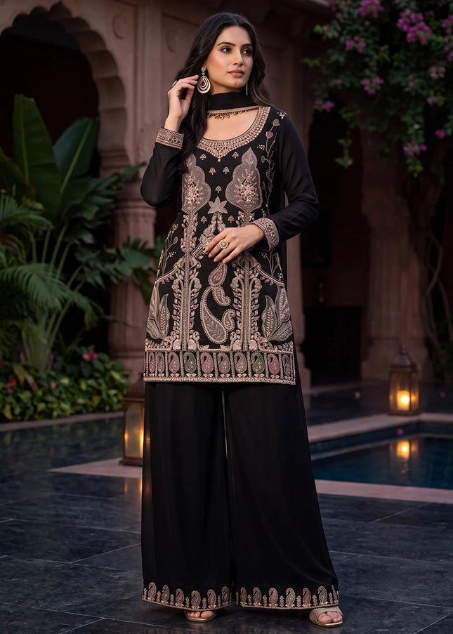 Black Embroidered Palazzo Suit