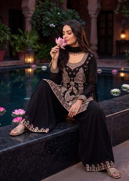 Black Embroidered Palazzo Suit