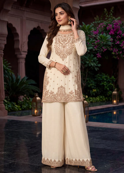 Offwhite Embroidered Palazzo Suit