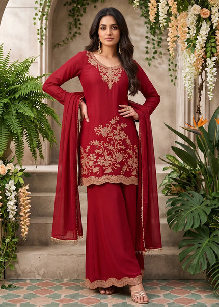 Maroon Embroidered Sharara Suit