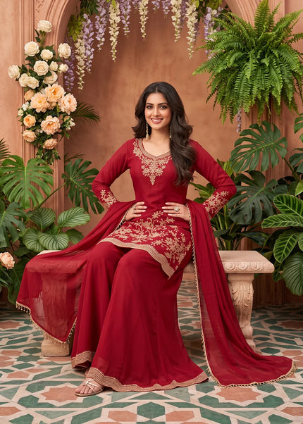 Maroon Embroidered Sharara Suit