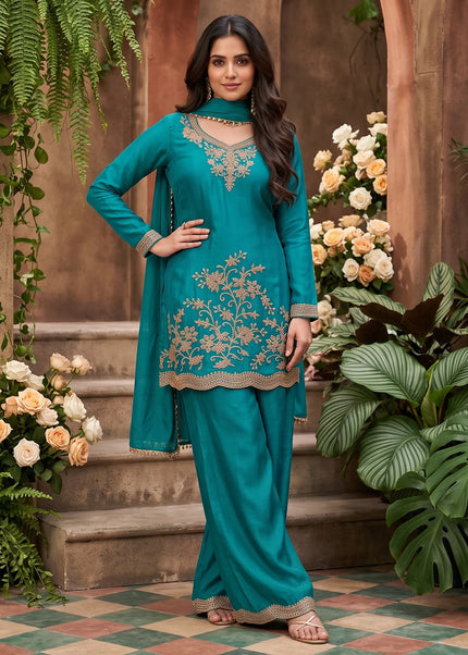 Teal Embroidered Sharara Suit