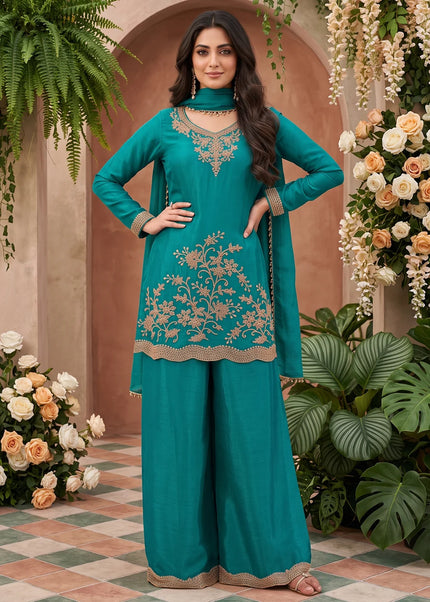 Teal Embroidered Sharara Suit