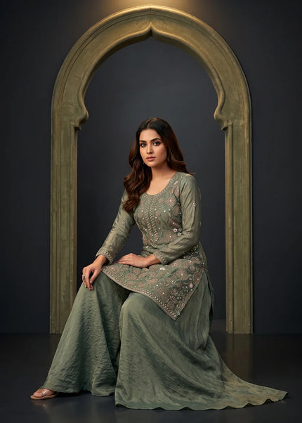 Green Embroidered Sharara Suit