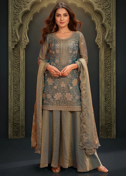 Blue Embroidered Sharara Suit