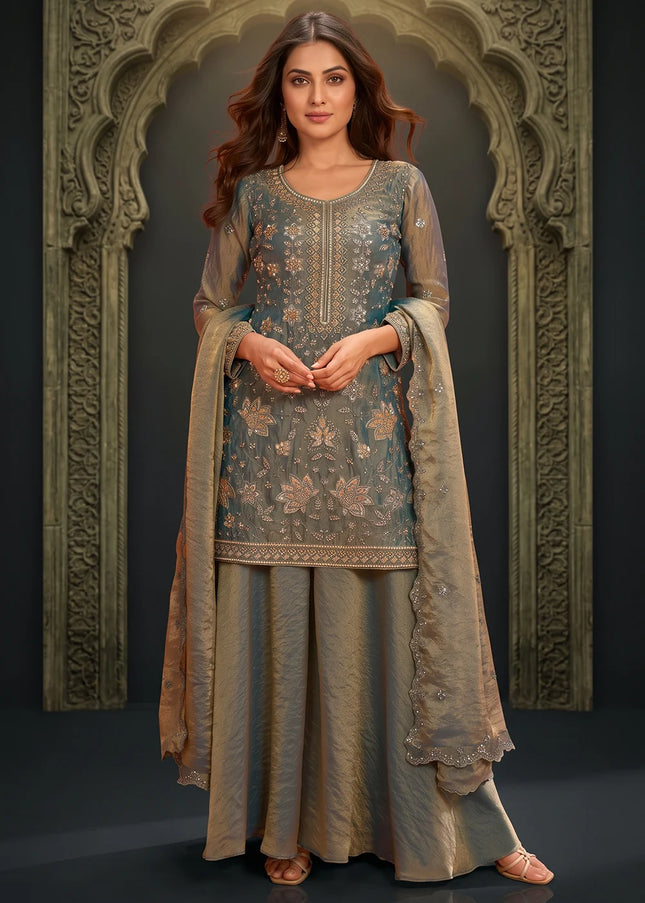Blue Embroidered Sharara Suit
