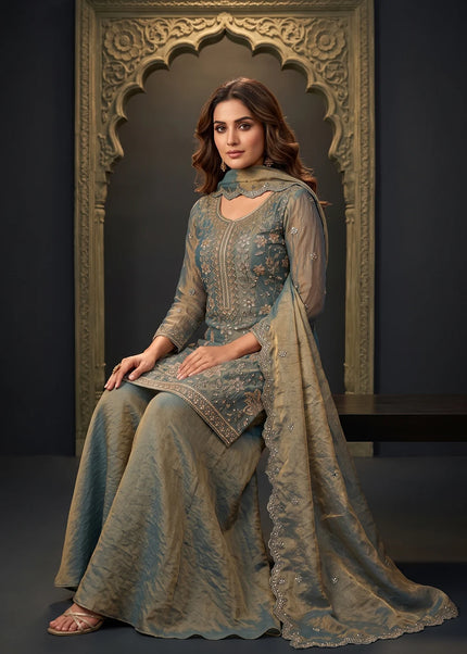 Blue Embroidered Sharara Suit