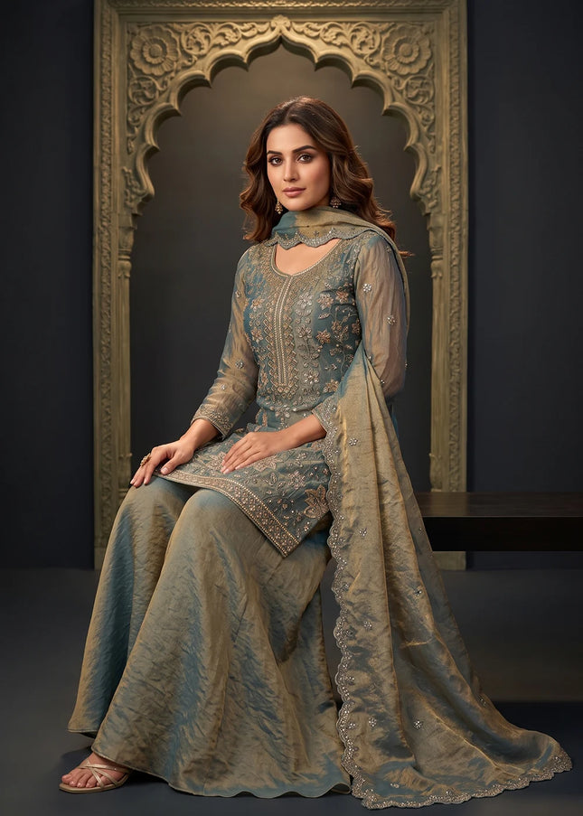 Blue Embroidered Sharara Suit