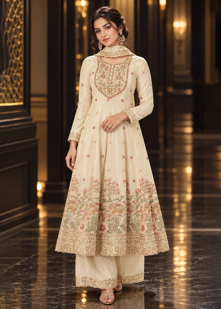 Offwhite Embroidered Palazzo Suit