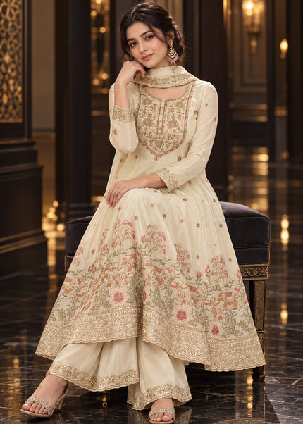 Offwhite Embroidered Palazzo Suit