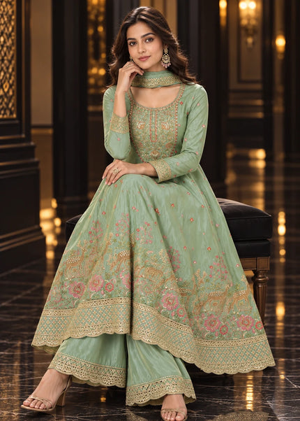 Sea Green Embroidered Palazzo Suit