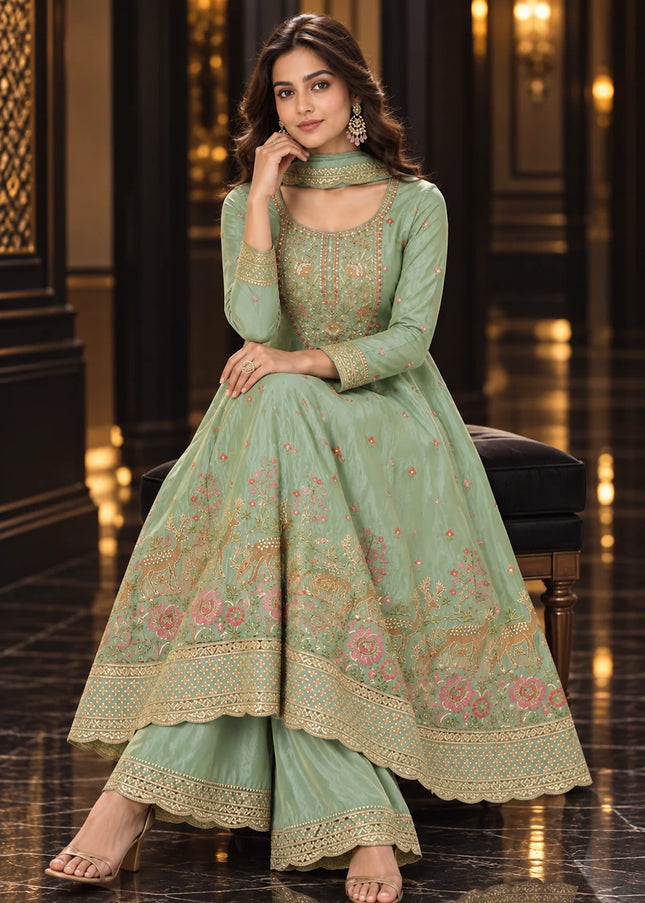 Sea Green Embroidered Palazzo Suit