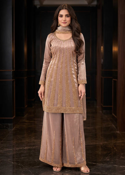 Mauve Embroidered Palazzo Suit