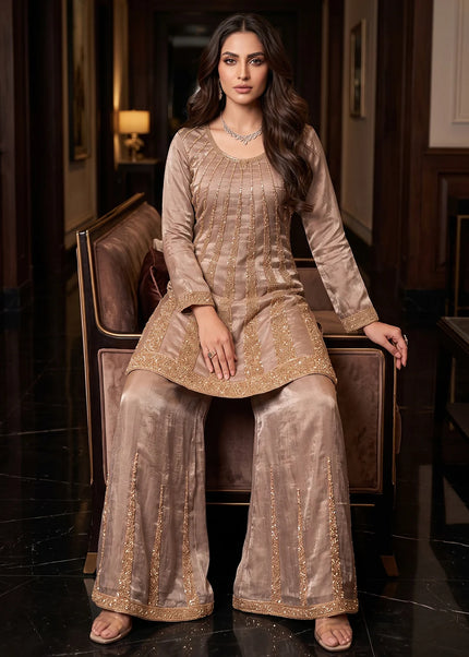 Mauve Embroidered Palazzo Suit