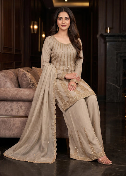 Beige Embroidered Palazzo Suit